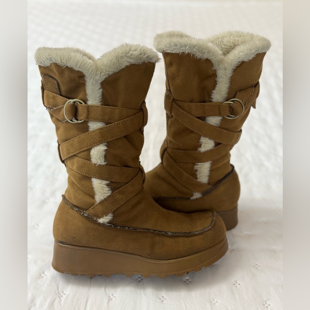 Vintage 90s No Boundaries Platform Boots Size 7 Fur Trimmed Strappy Fall Rare - Picture 3 of 16